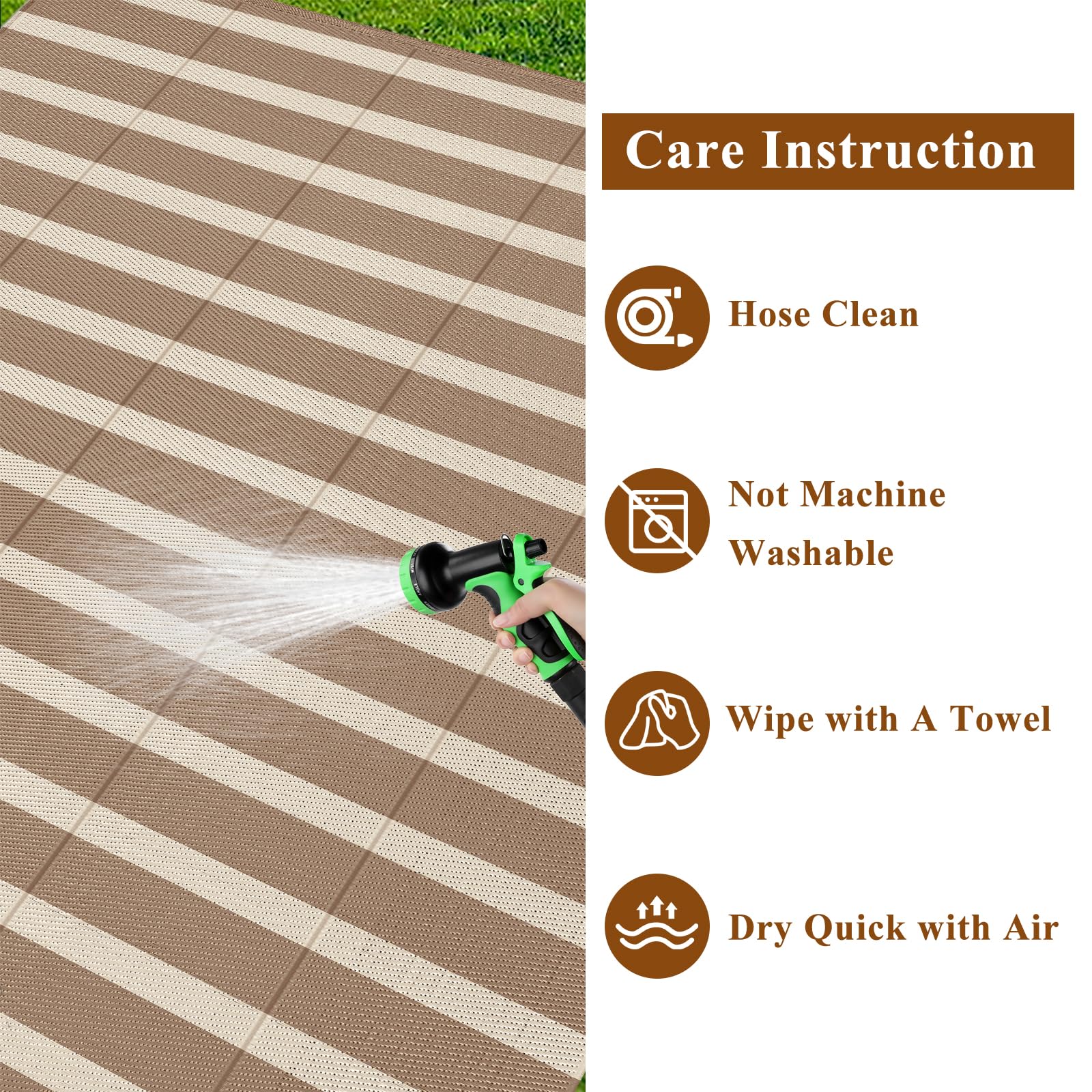 Vaukki outdoor rug with corner loops and stakes for wind resistance.