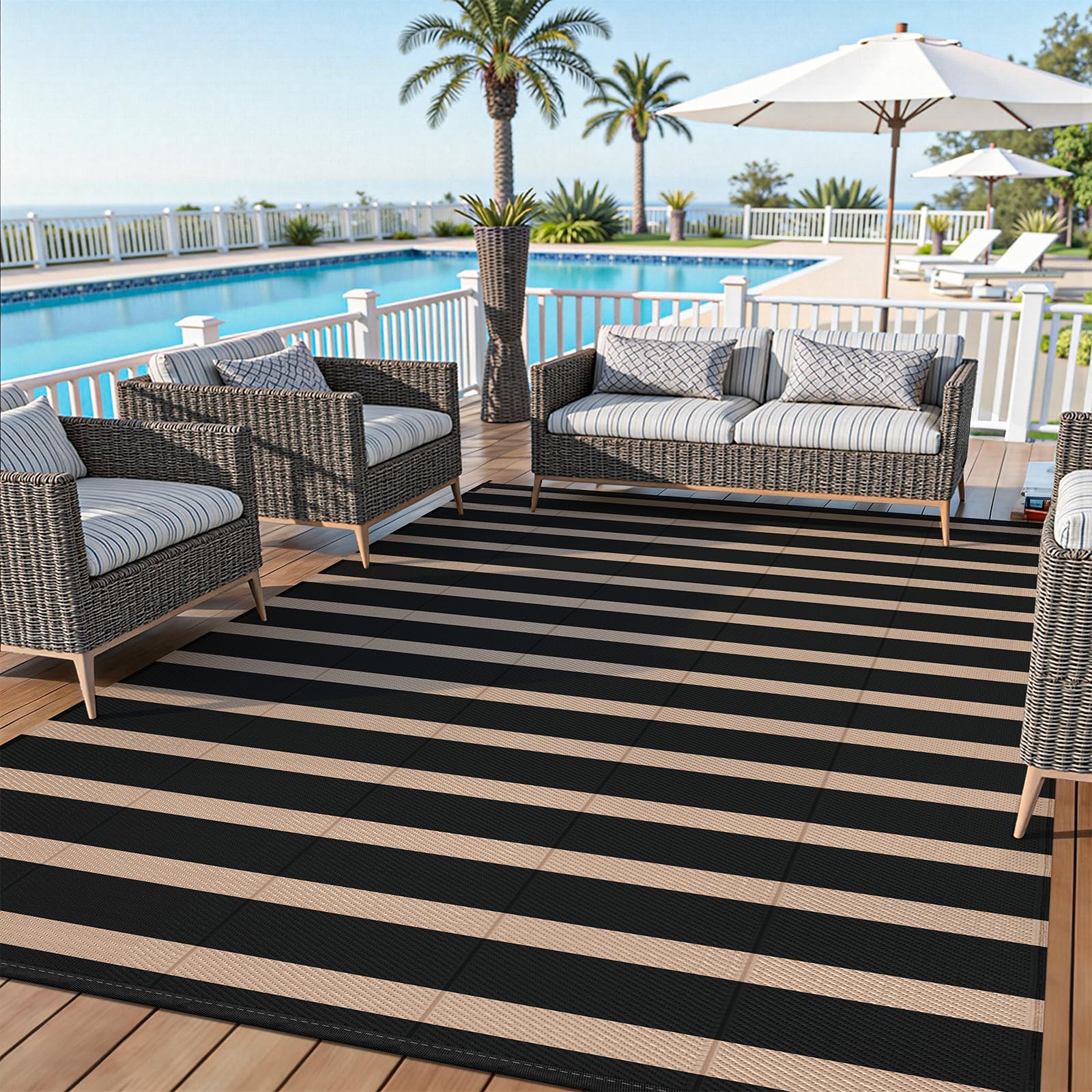 Vaukki versatile rug for patio, deck, RV, and camping.