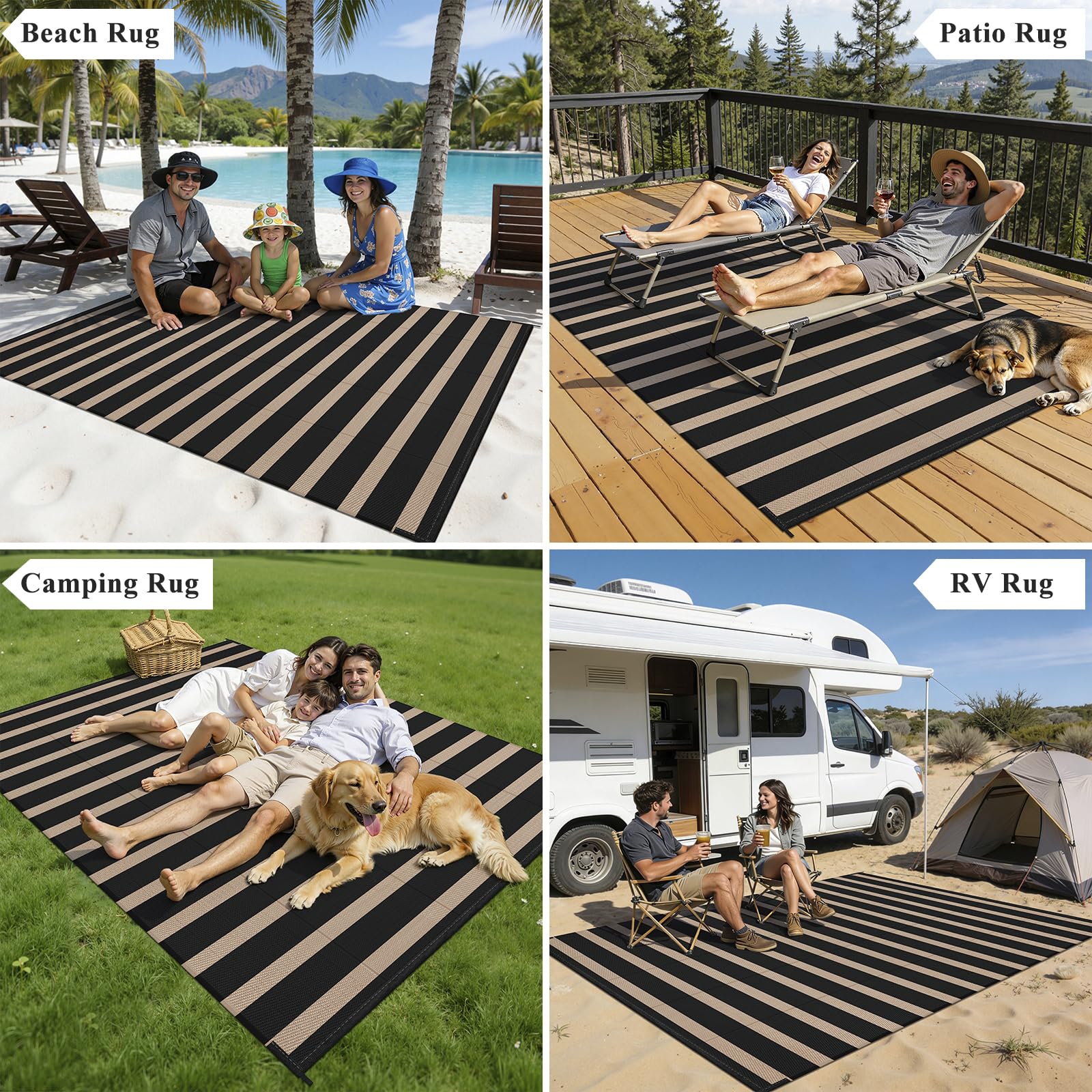 Vaukki UV-resistant outdoor rug resists fading in sun.