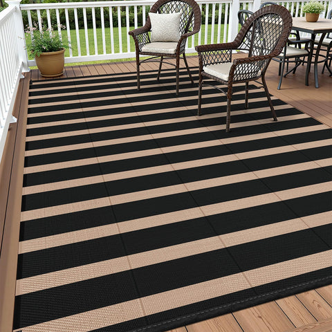 Vaukki waterproof outdoor rug with striped pattern, ideal for patios and RV trips.