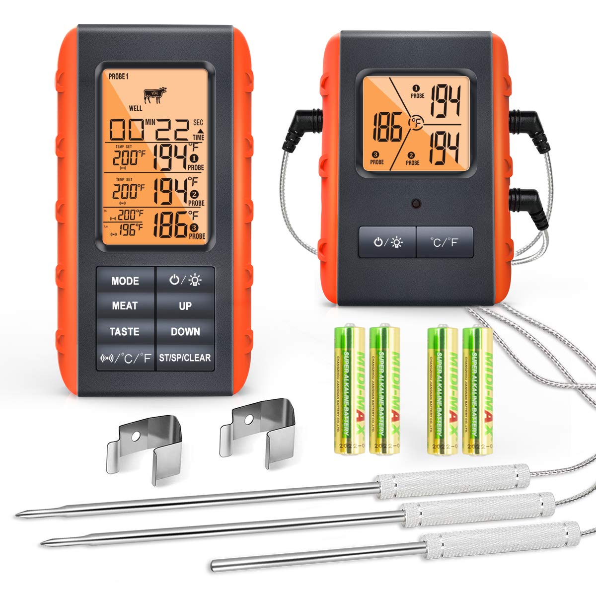 VAUNO wireless thermometer with three probes for versatile grilling.