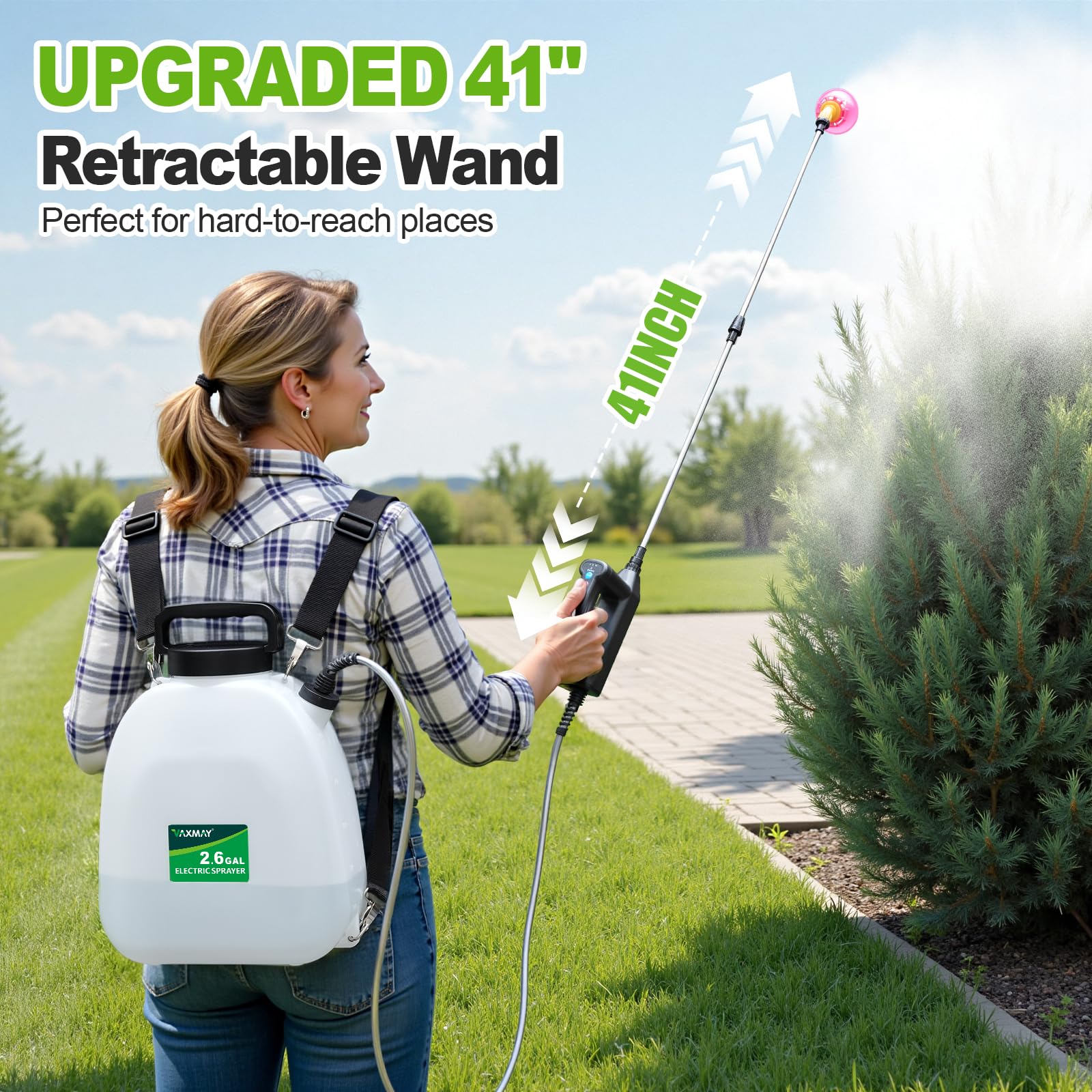 VAXMAY 41-inch retractable wand reaches tall plants and edges.