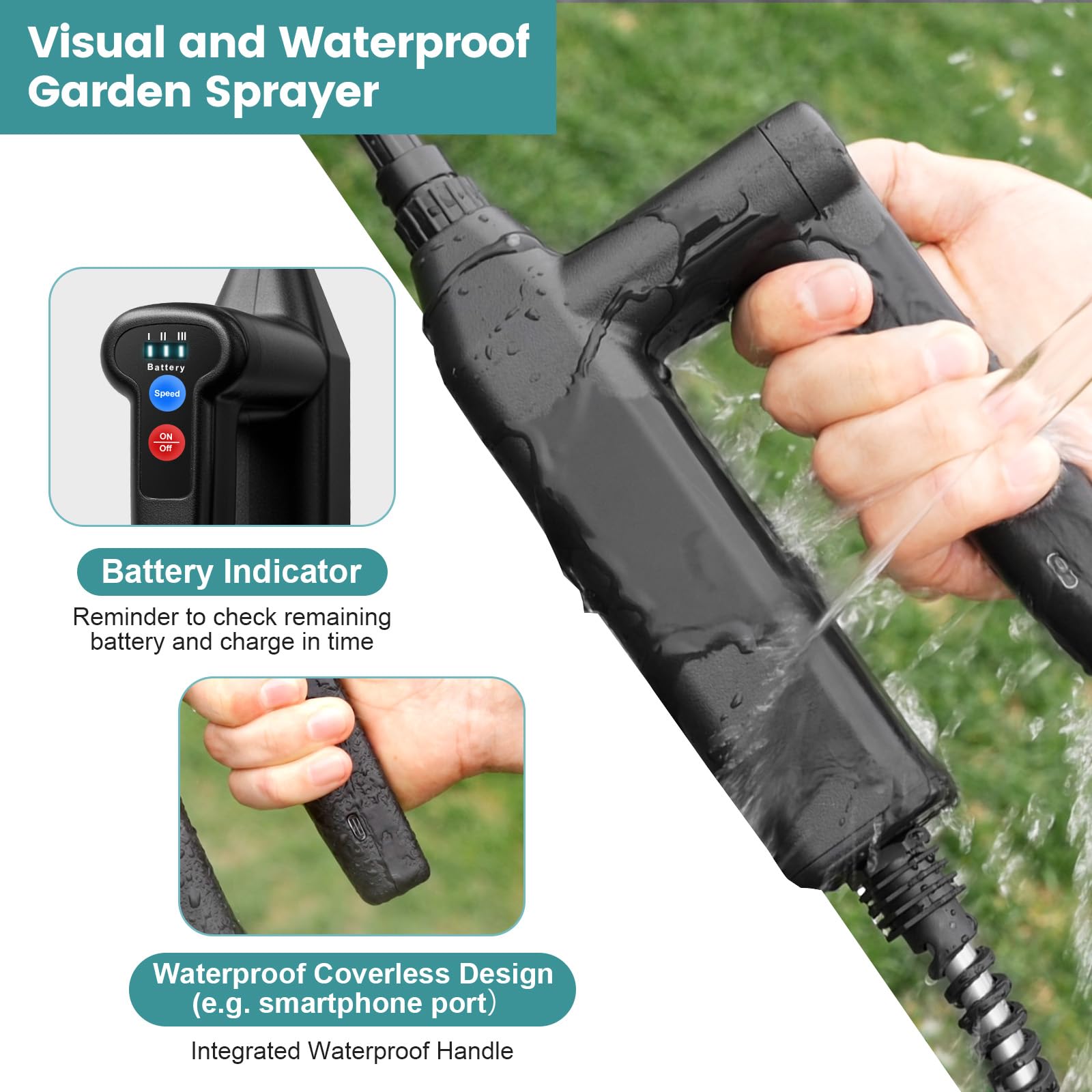 VAXMAY 7.4V motor delivers strong spray for garden tasks.