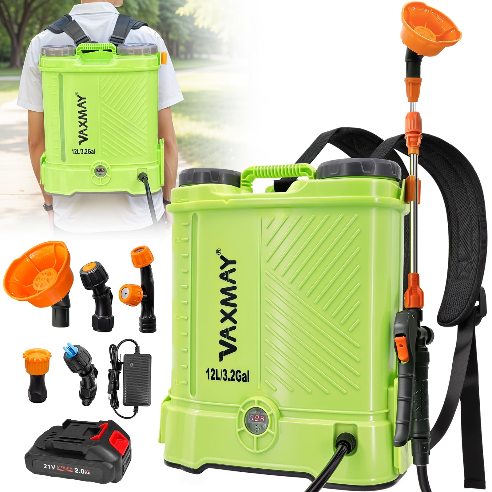 VAXMAY backpack sprayer worn by gardener for efficient garden spraying.