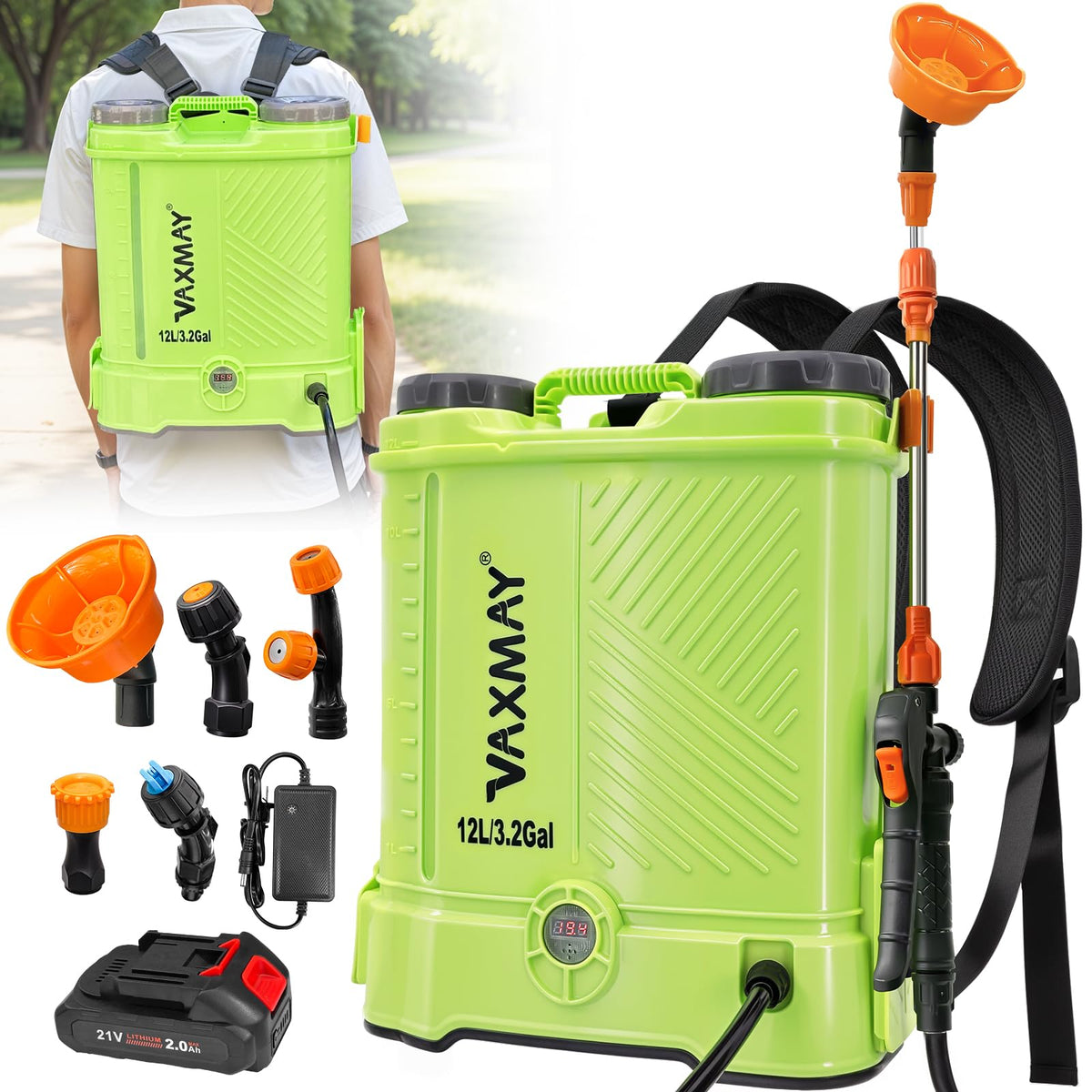 VAXMAY backpack sprayer worn by gardener for efficient garden spraying.