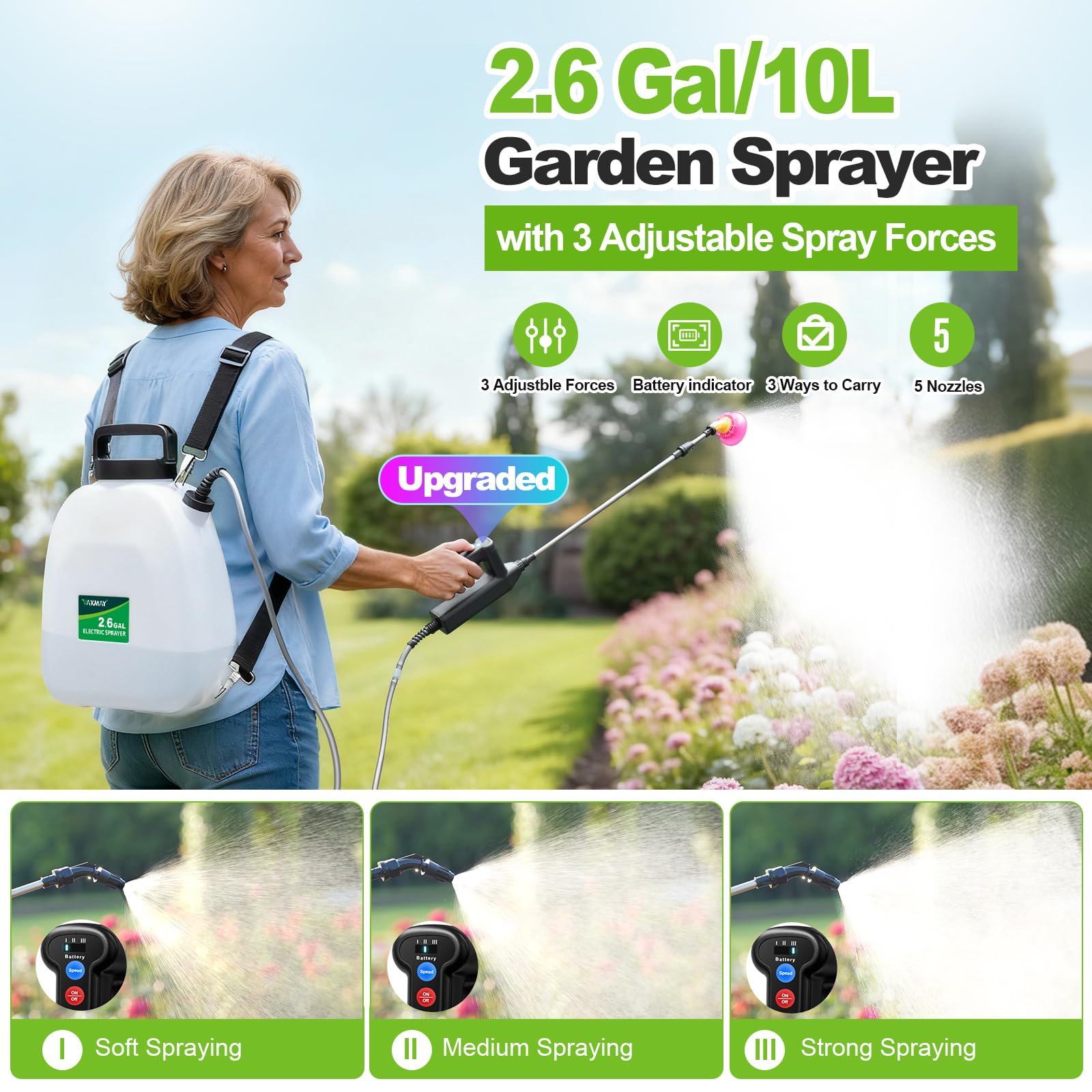 VAXMAY backpack sprayer handle offers three spray forces for precise control.