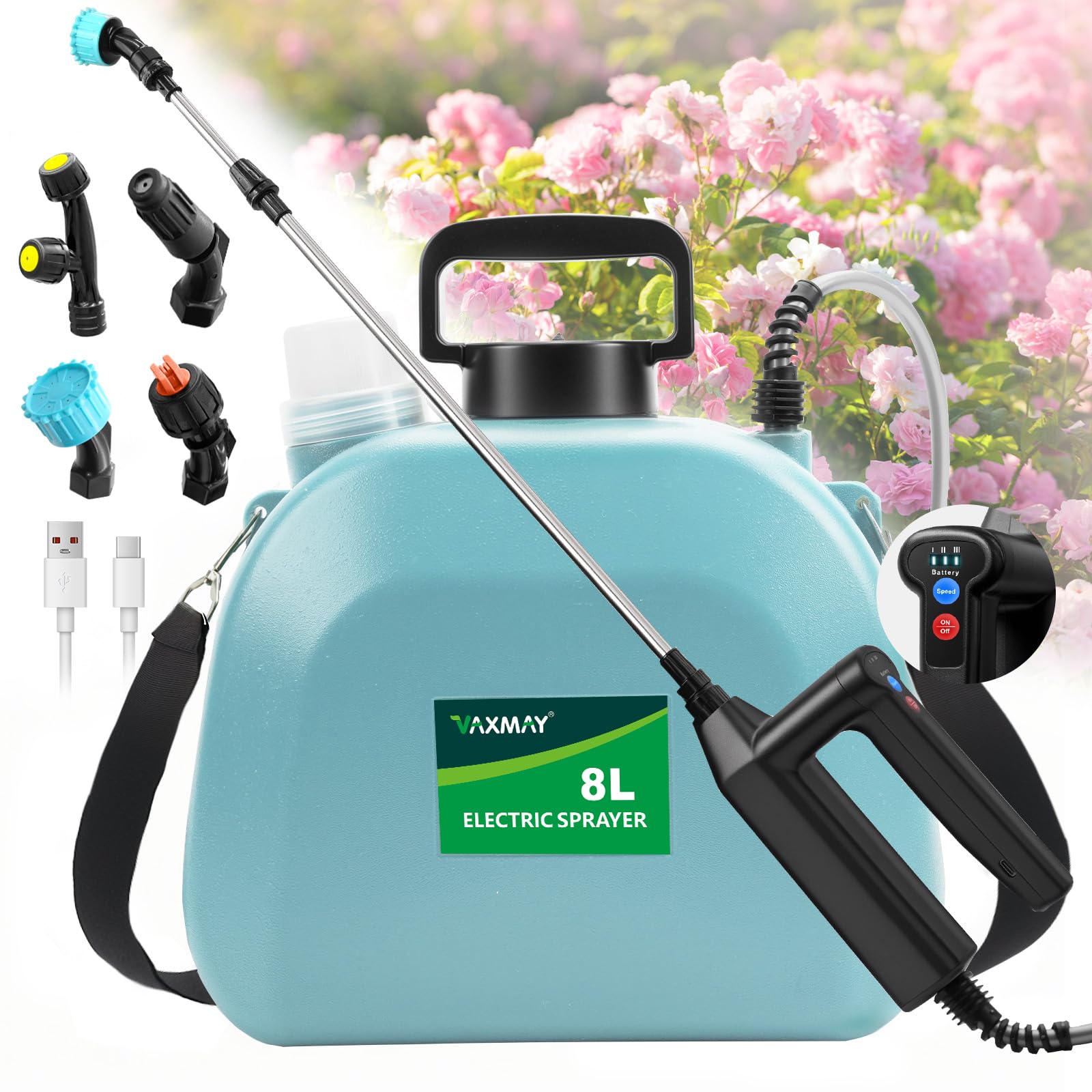 VAXMAY battery powered sprayer with 2-gallon capacity for efficient lawn watering.