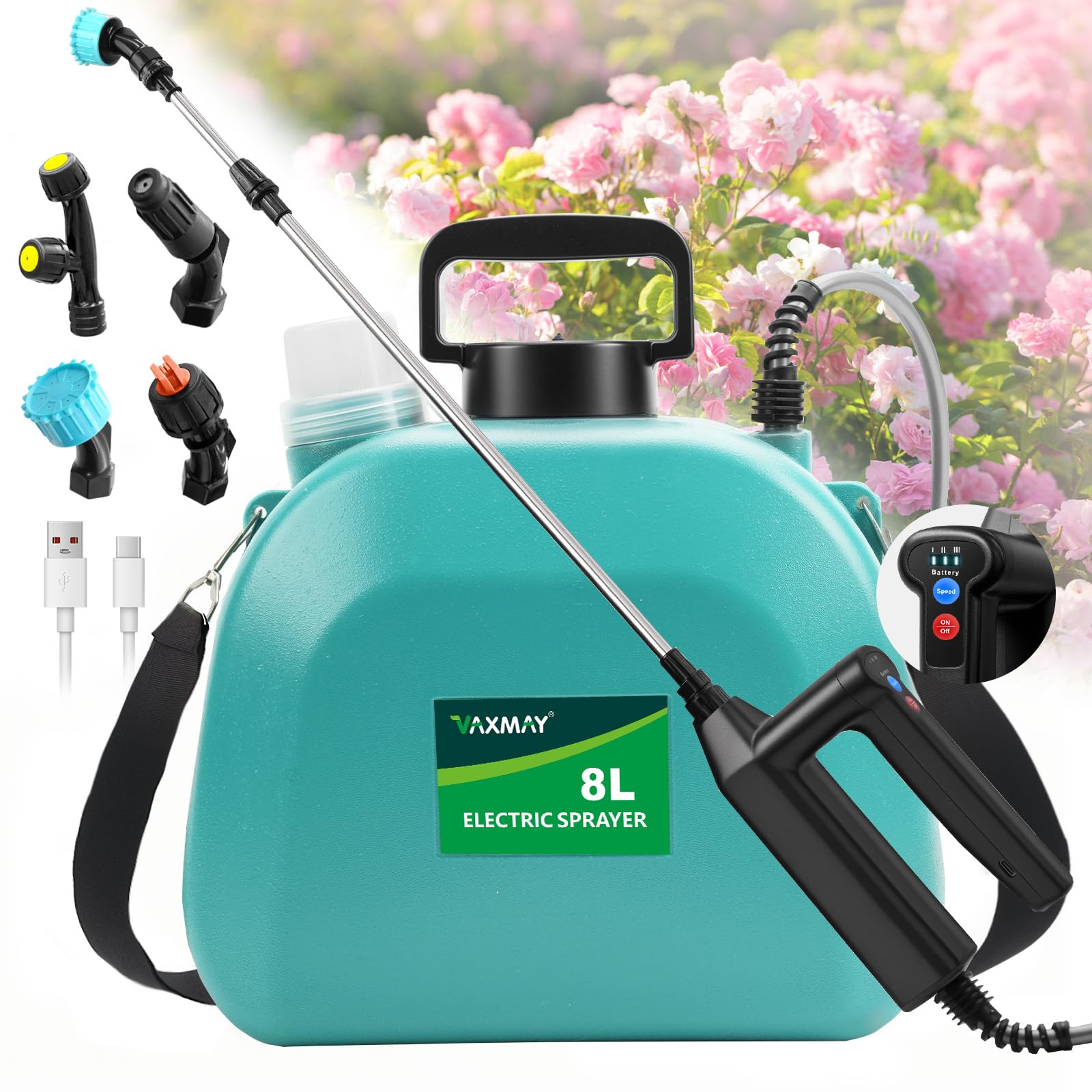 VAXMAY battery powered sprayer 2 gallon with clear tank for easy monitoring.