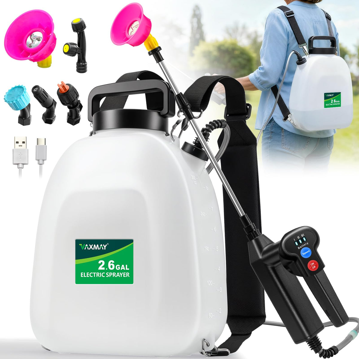 VAXMAY battery-powered sprayer tank for efficient watering and spraying tasks.