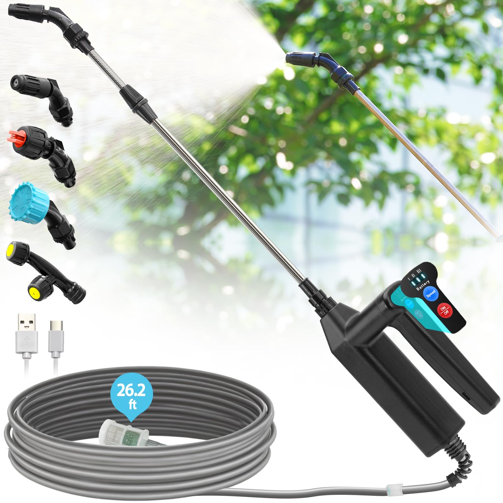 VAXMAY battery-powered sprayer wand with extended handle for tall plants.