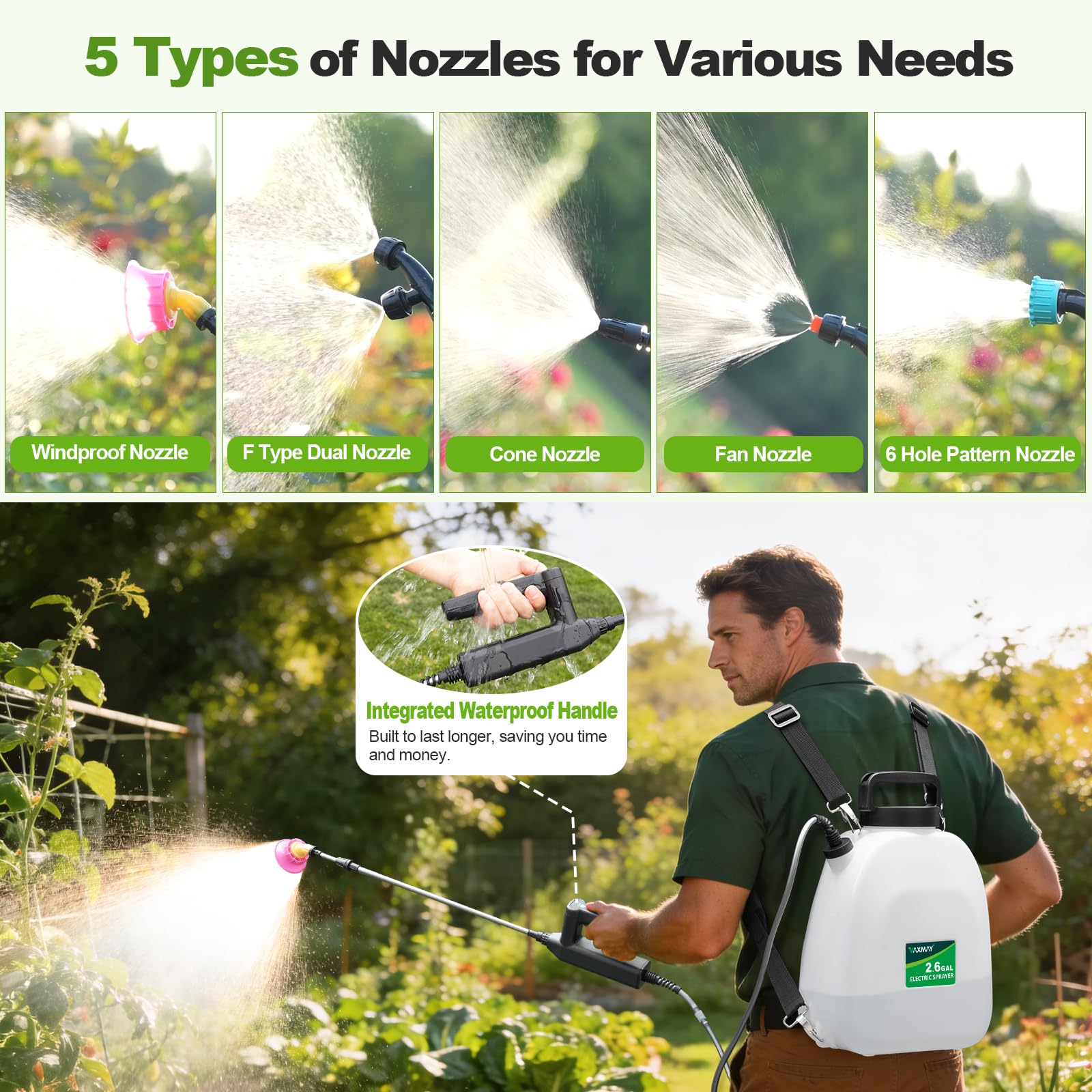 VAXMAY five mist nozzles for customizable spray patterns.