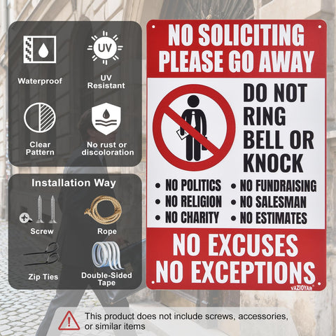 Vazioyar No Soliciting Sign—installation with four pre-drilled holes for quick setup.