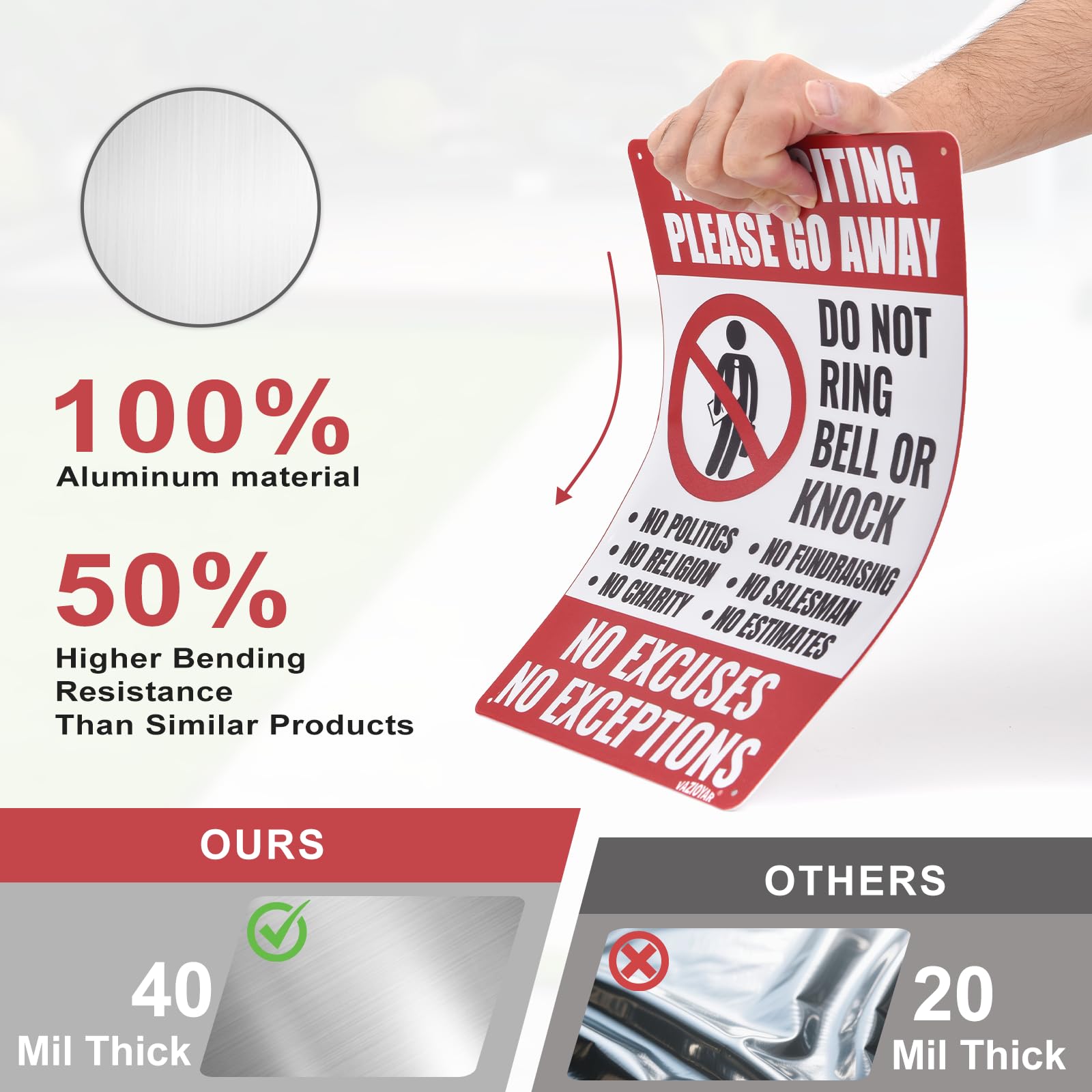 Vazioyar No Soliciting Sign—side view highlighting durable aluminum construction.