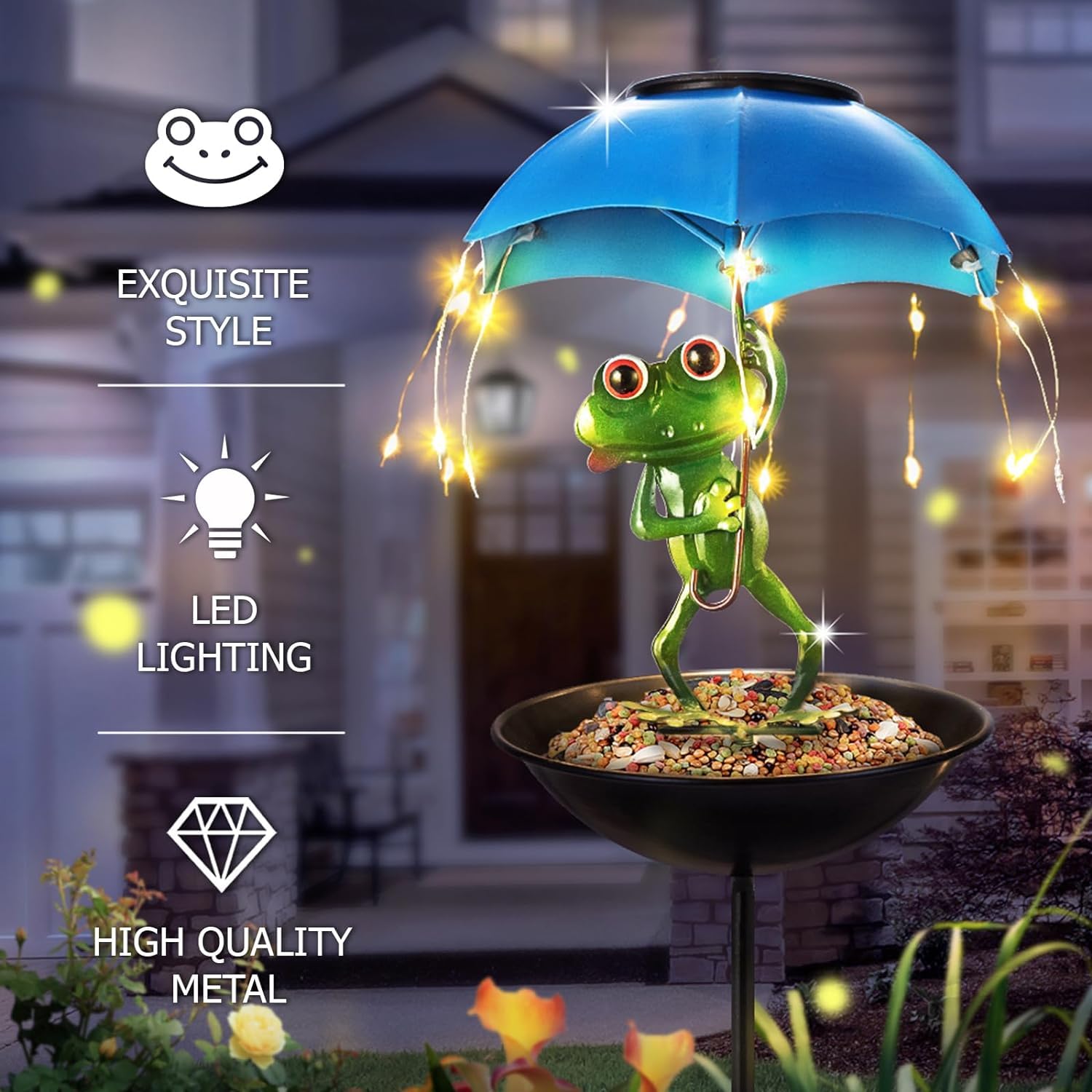 Vbioa solar umbrella frog lights illuminate pathways with warm white glow.