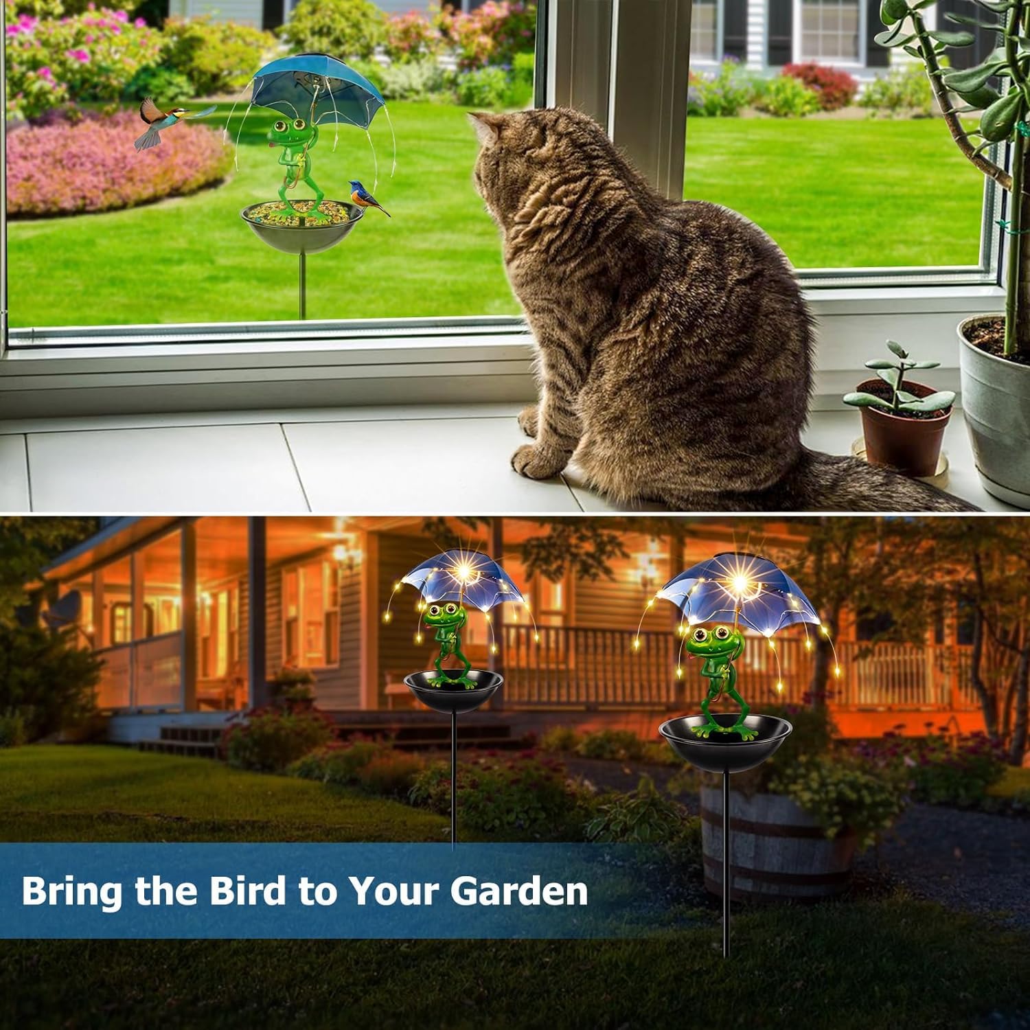 Vbioa weatherproof metal frog light withstands the elements for year-round display.