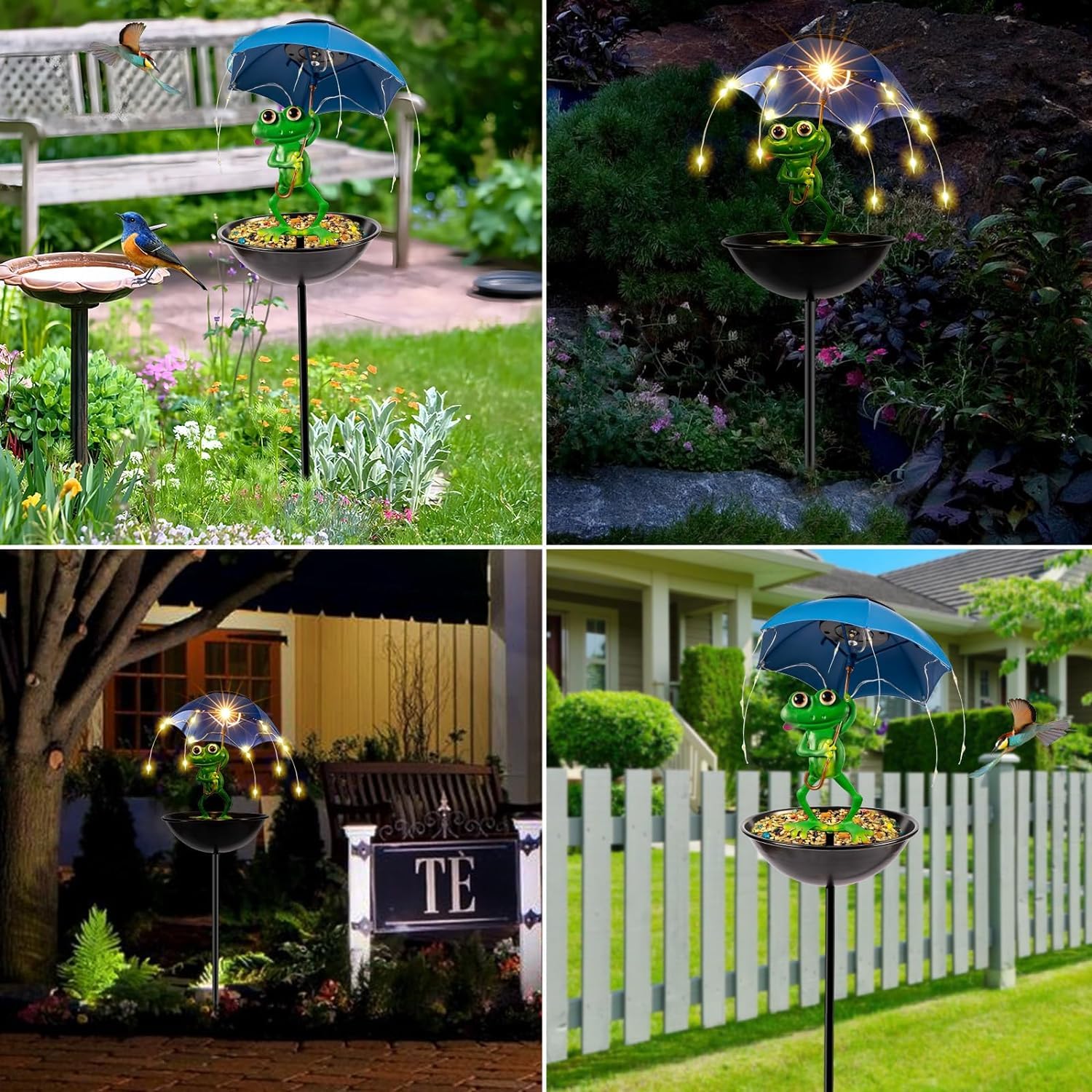 Vbioa yard art bird feeder stake enhances daytime charm and nighttime glow.