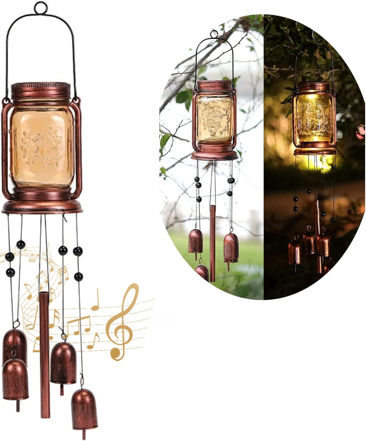 Vcdsoy Solar Mason Jar wind chime glowing softly in outdoor space for ambiance