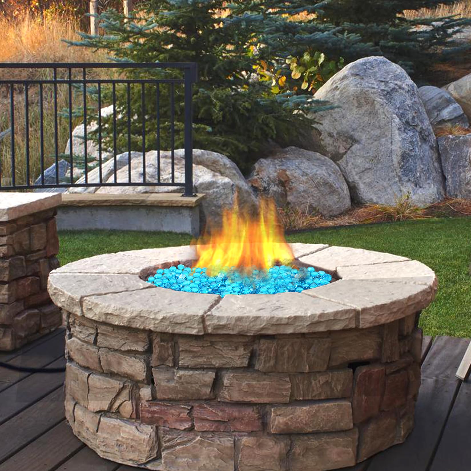 Vchin Caribbean Blue fire table display enhances flame bed aesthetics