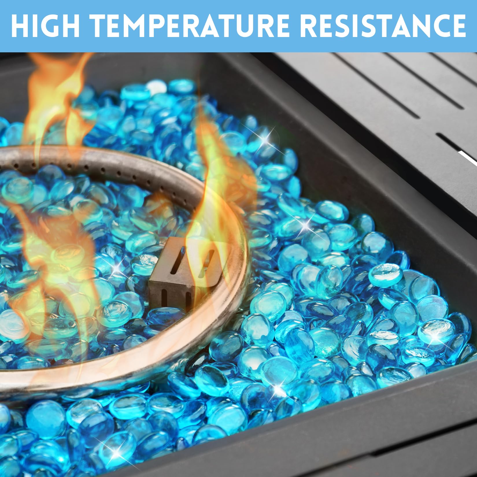 Vchin Caribbean Blue beads used in a patio fire pit with glow