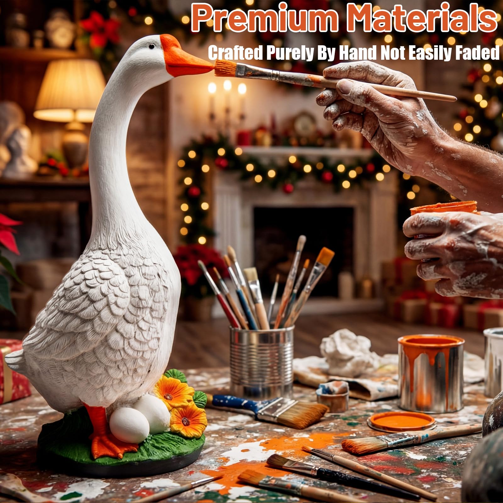vchin goose statue closeup highlights detailed craftsmanship and lifelike texture.