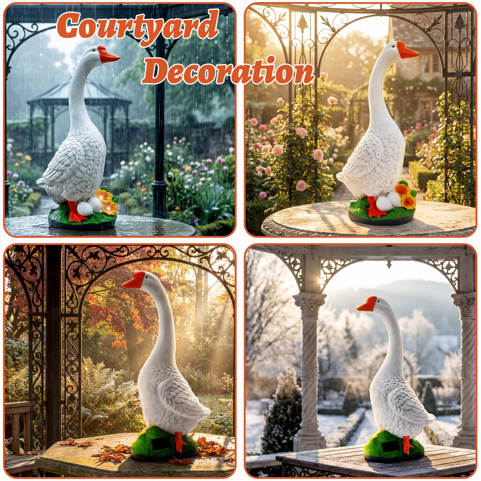 vchin goose statue garden placement creates welcoming entrance.