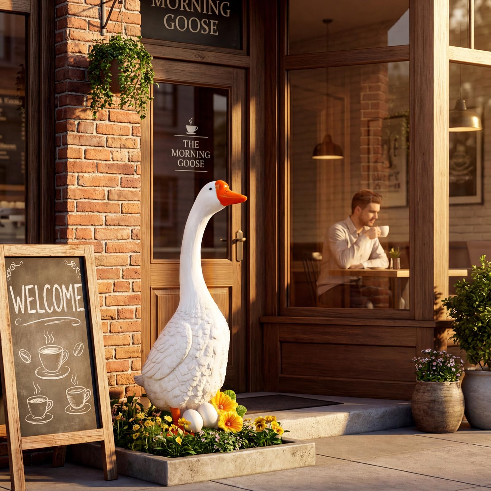 vchin goose statue dressed for holidays enhances festive porch decor.