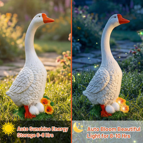 vchin goose statue night lighting provides soft ambient glow.