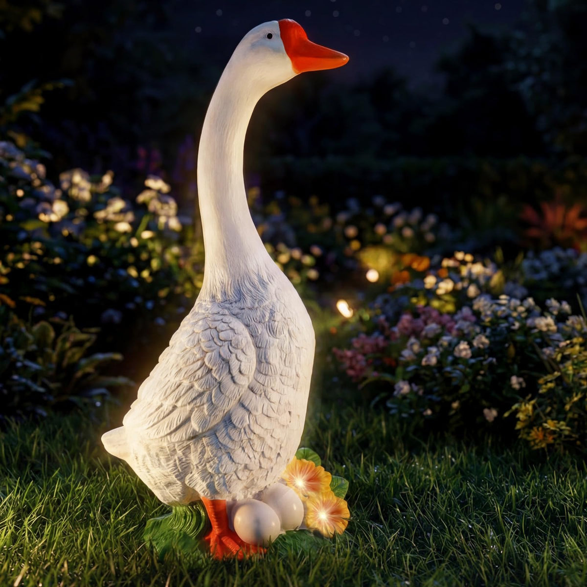 vchin goose statue on porch, 23-inch height adds a welcoming focal point.
