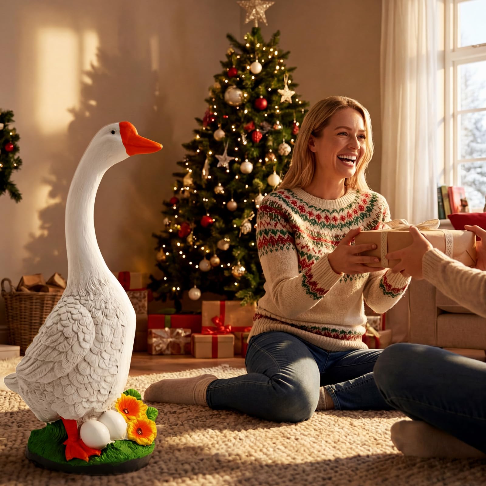 vchin goose statue storefront display enhances seasonal curb appeal.