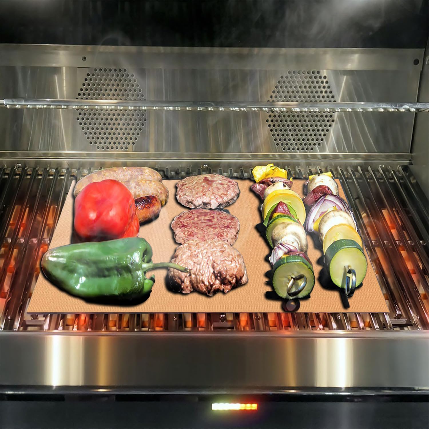 VCHOMY copper mats on a gas grill for even heat distribution.
