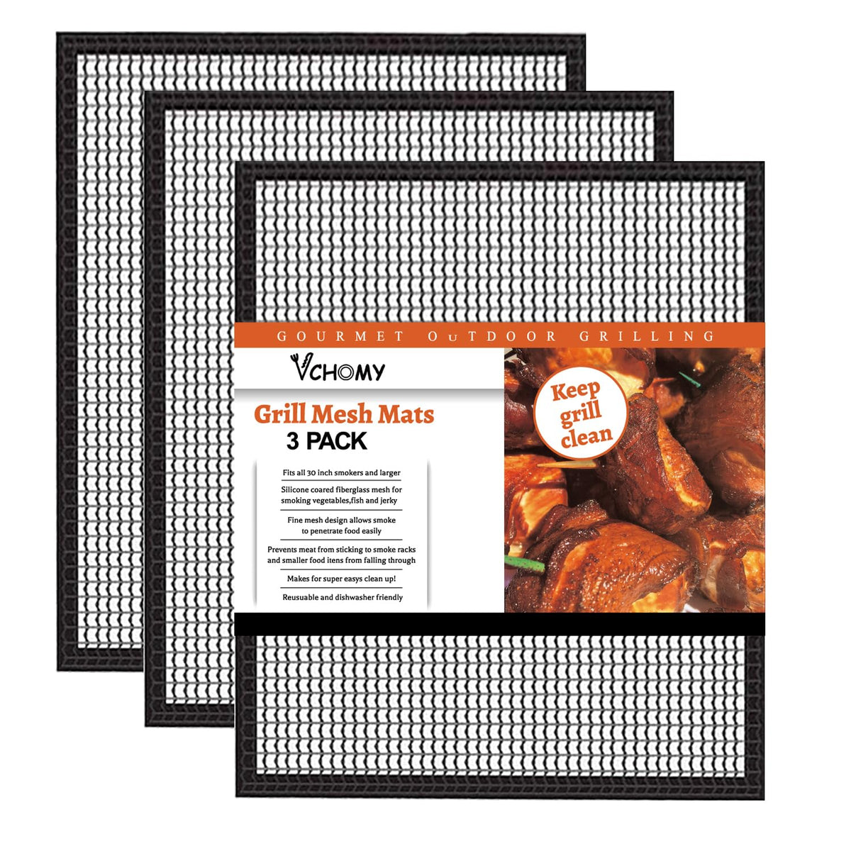 VCHOMY grill mesh mats on a grill preventing food from falling through.