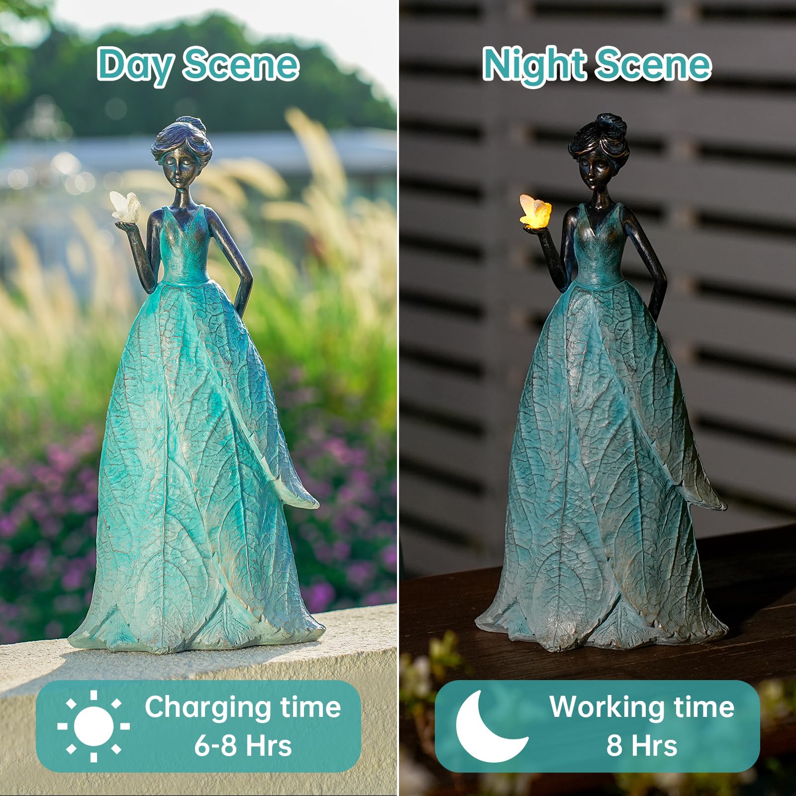 Night glow from VChymm solar yard statue enhances outdoor ambience.