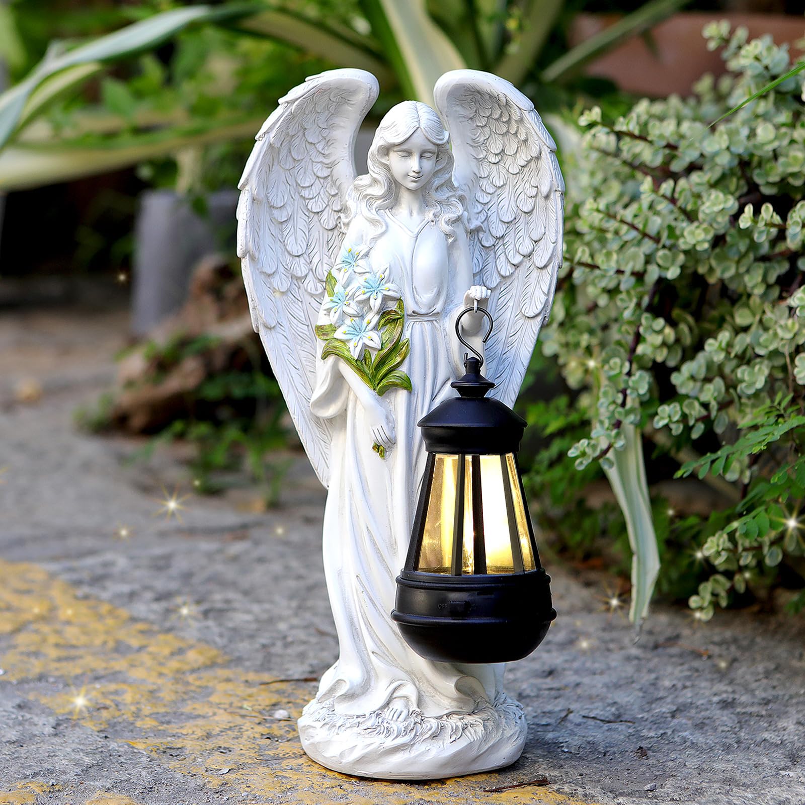 VChymm Solar Angel statue front view lights up your garden at night.