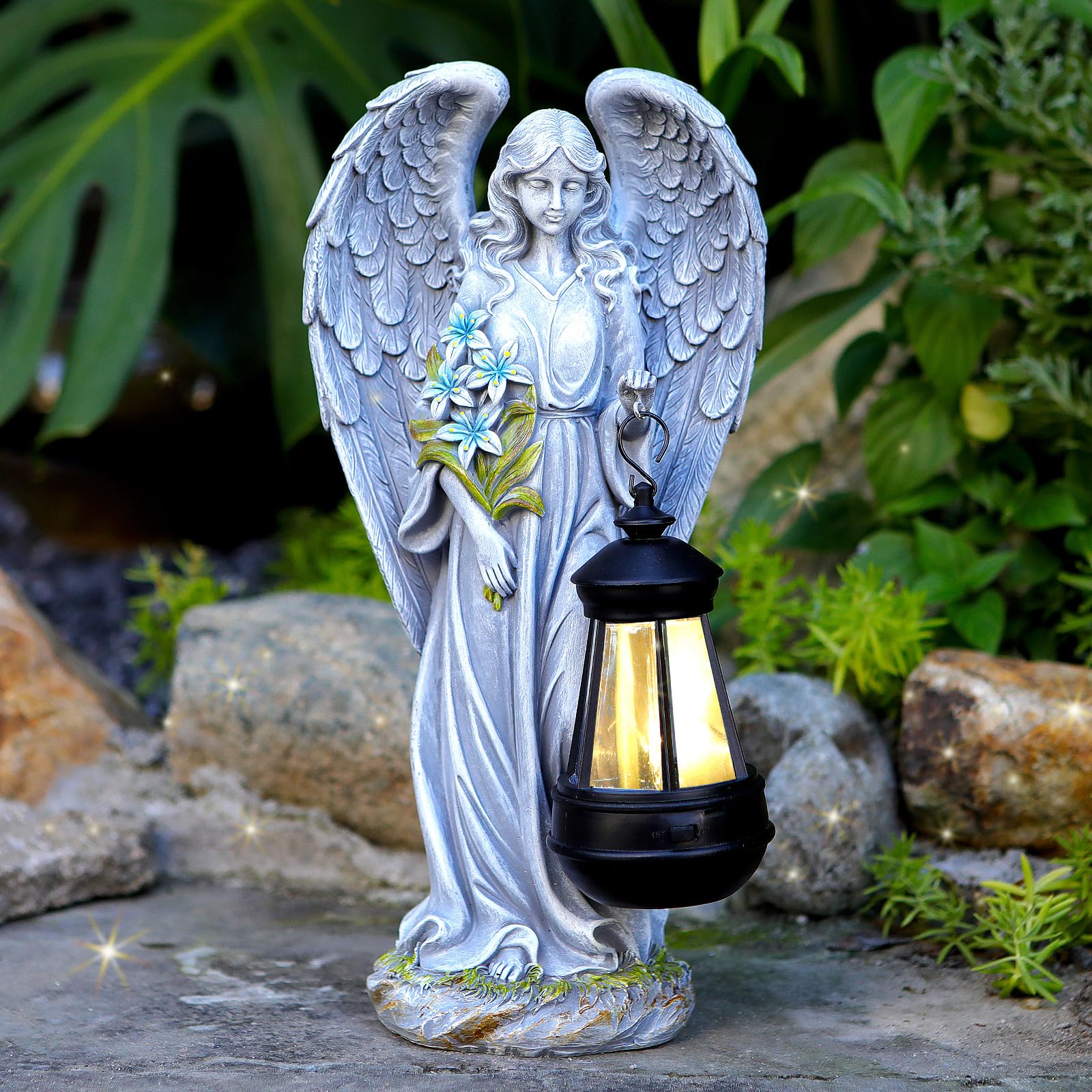VChymm Solar Angel outdoor statue glows at night, adding whimsical charm to your garden.