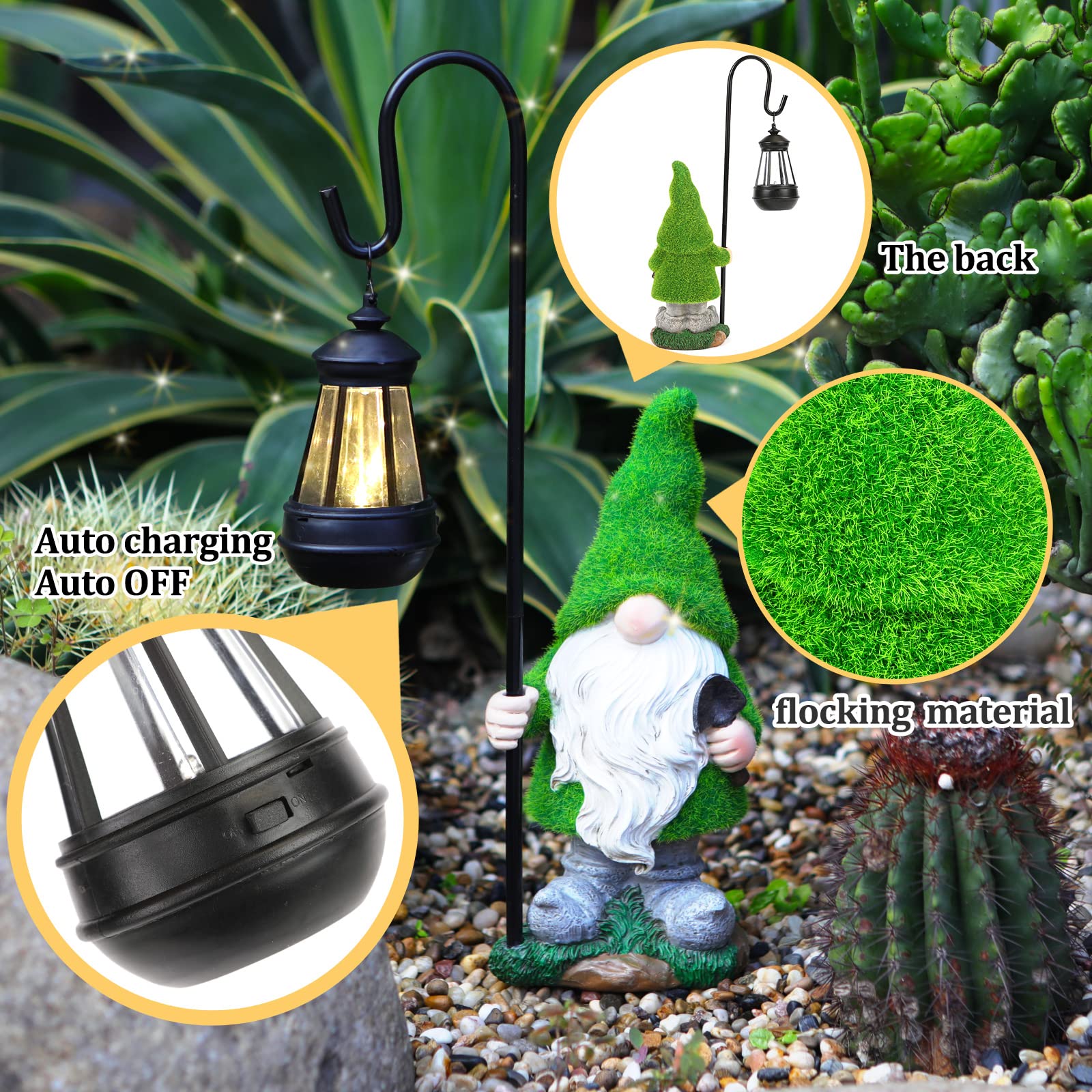 VChymm solar garden gnome lights up at dusk for cozy patio ambiance.