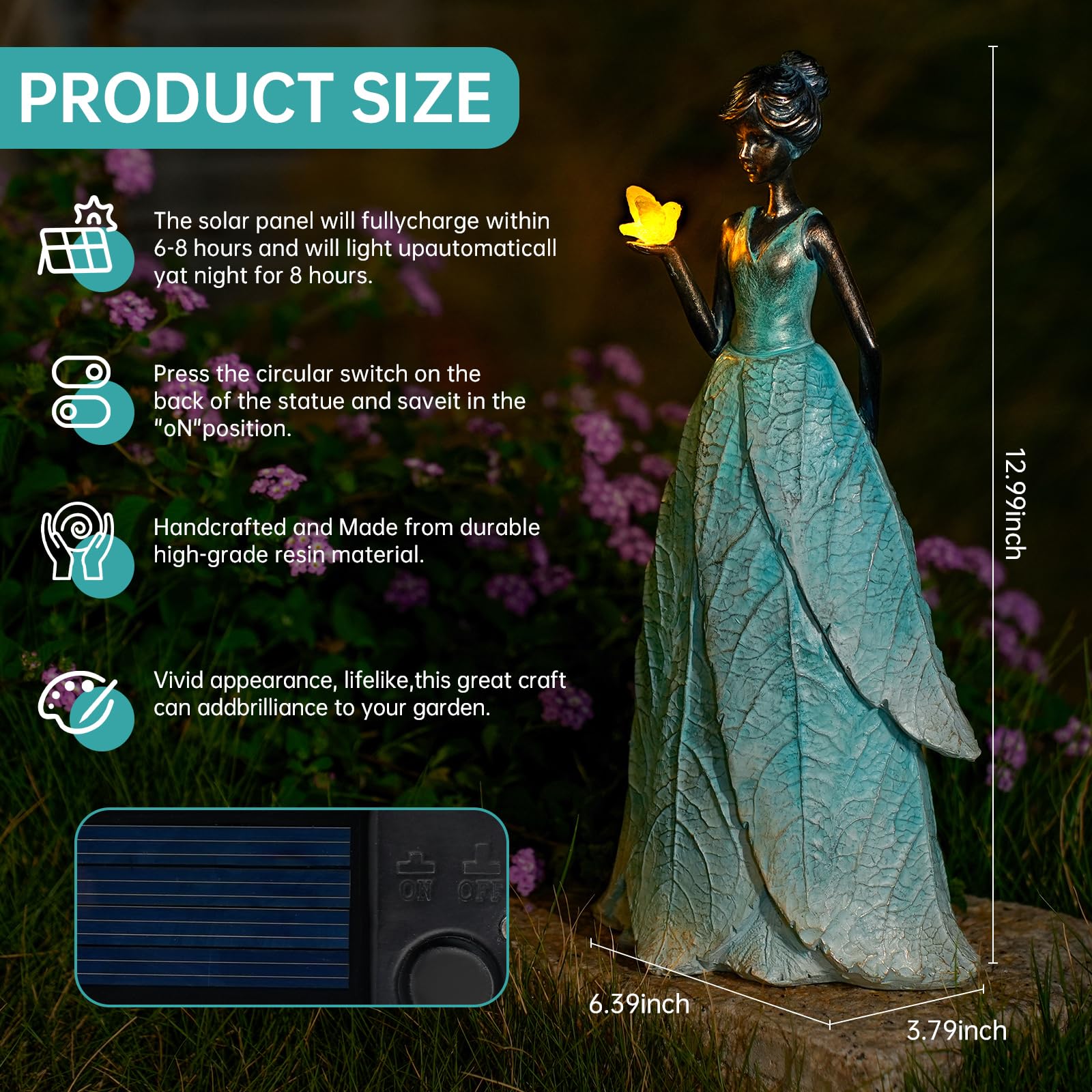Solar panel charges in sun for hours of ambient glow with this statue.