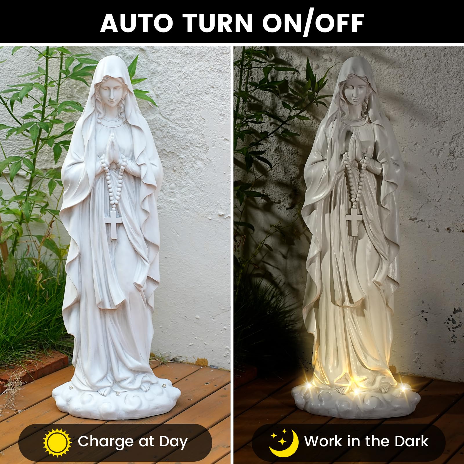 VChymm Virgin Mary statue with prayer hands fosters tranquil outdoor ambiance.