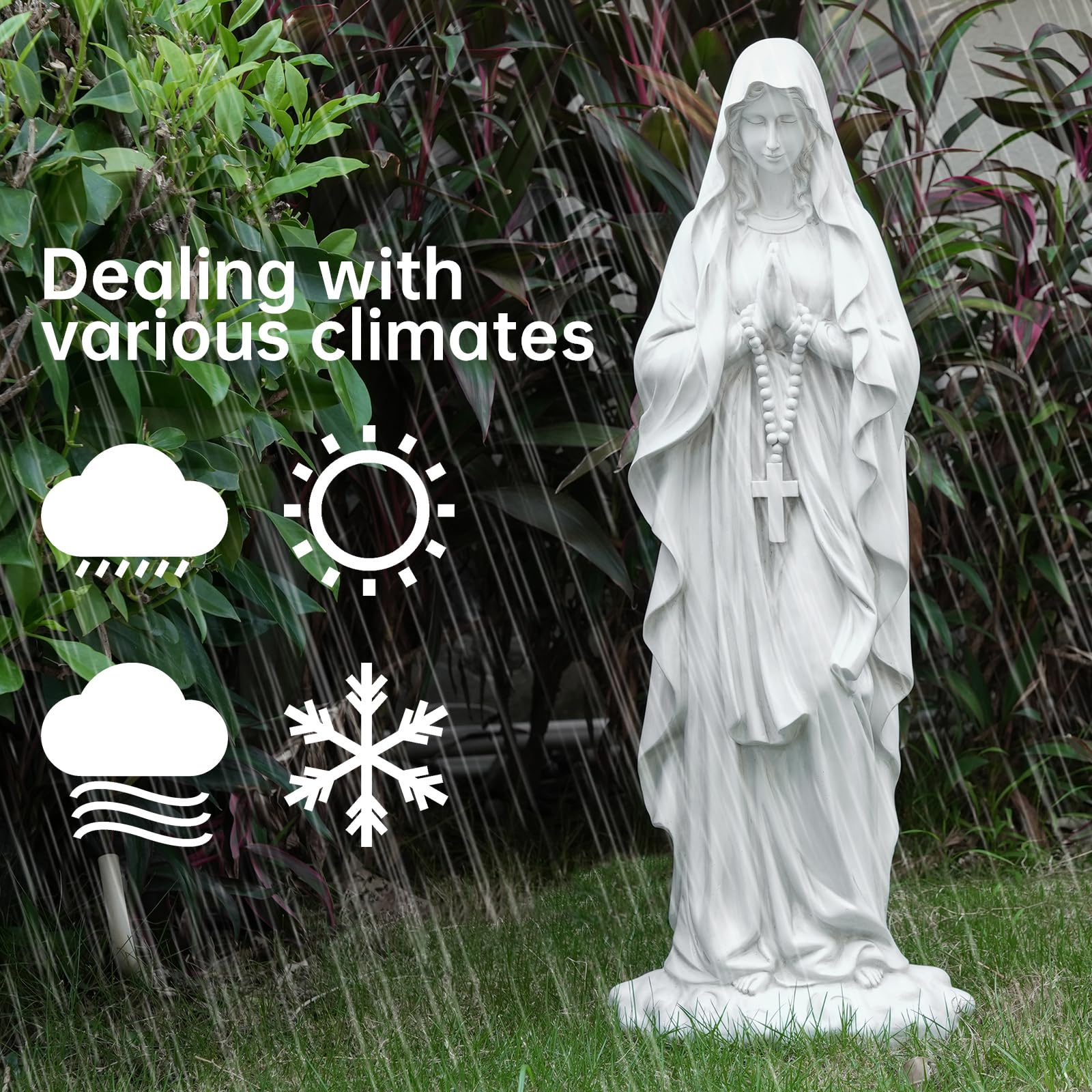VChymm white Virgin Mary sculpture emphasizes serene prayerful mood.