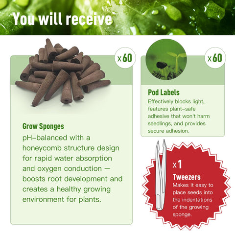 VCTMSKT hydroponic seed pods closeup—promotes fast germination with breathable peat.