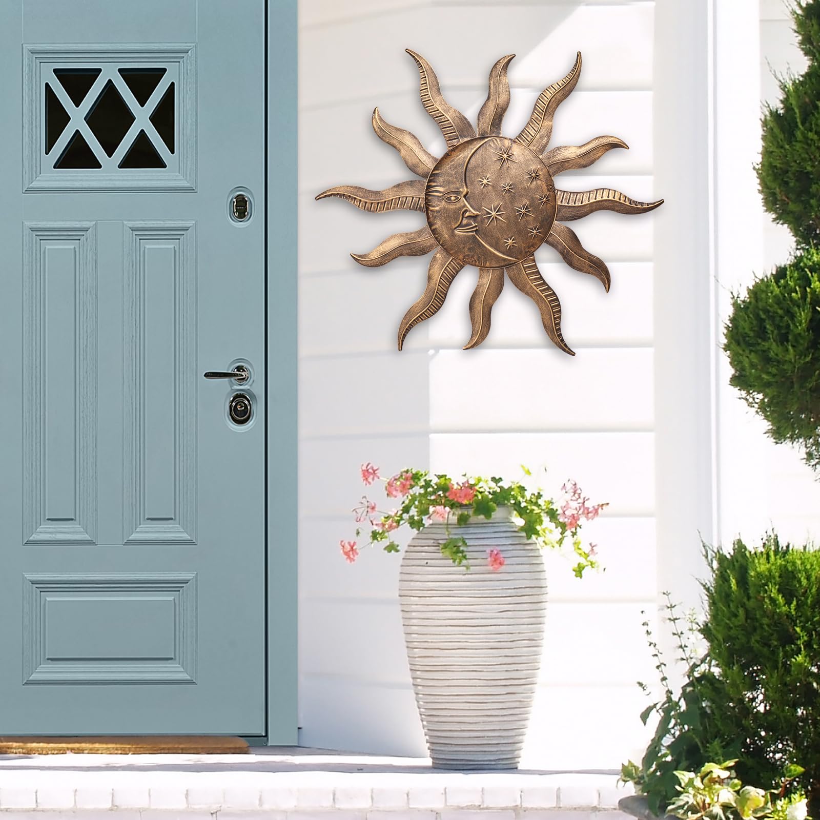 VCUTEKA sun-face wall sculpture with gold tone for durable outdoor decor.