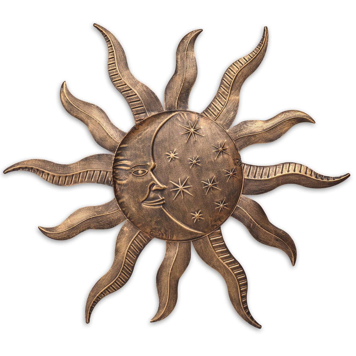 VCUTEKA sun wall art in gold finish enhances outdoor curb appeal.
