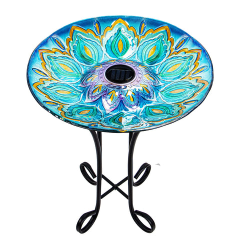 VCUTEKA Glass Bird Bath 18in bowl with decorative garden charm for birds.
