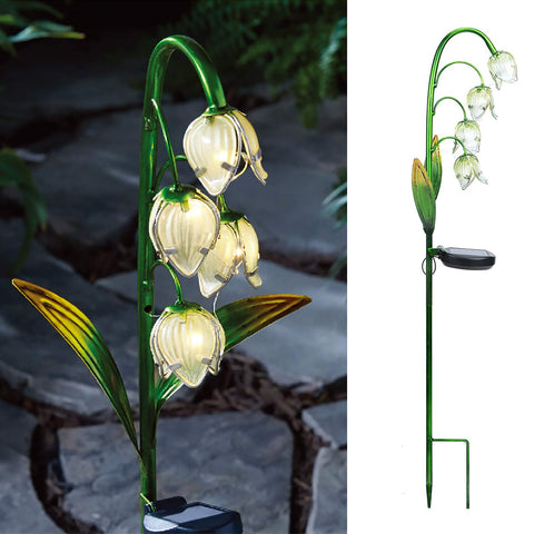VCUTEKA solar garden stake with glass flower glowing at dusk for yard ambience