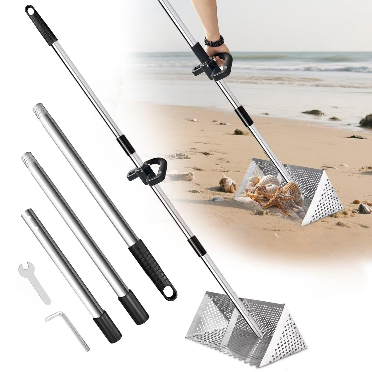 Vdsfand Sand Flea Rake, front view, showcasing durable stainless steel construction for beach use.