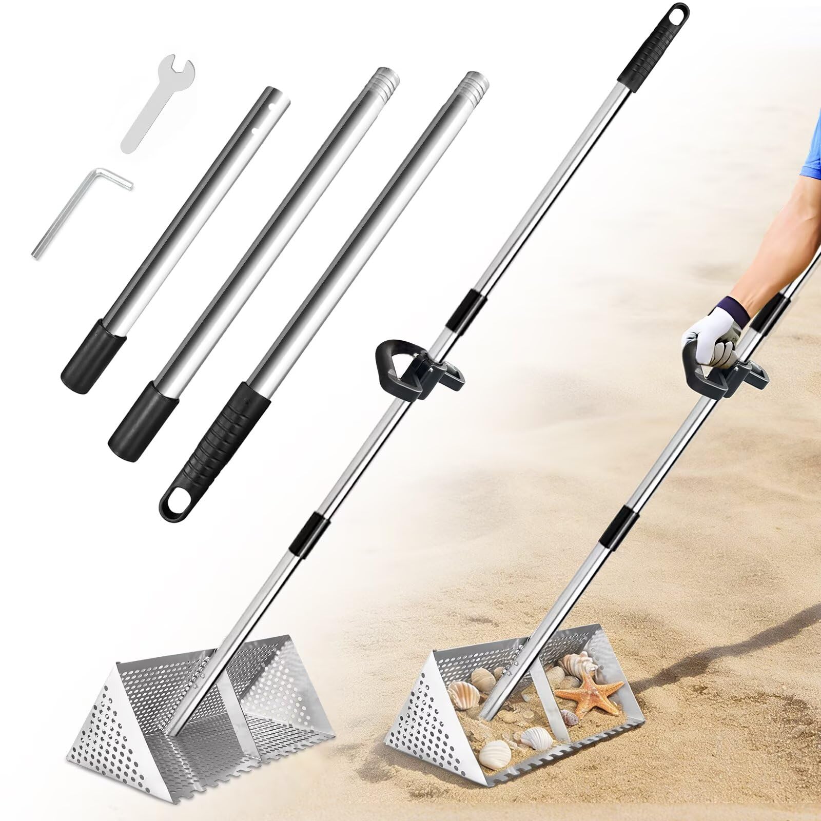 Vdsfand sand scoop with 47-inch handle reduces bending fatigue for beach treasure hunting.