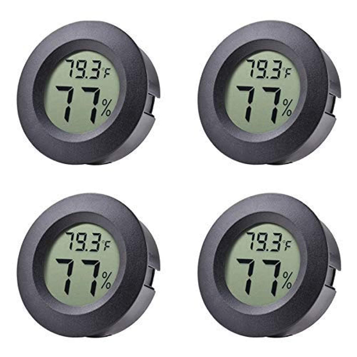 Veanic mini hygrometer round front view with a clear display for quick ambient readings.