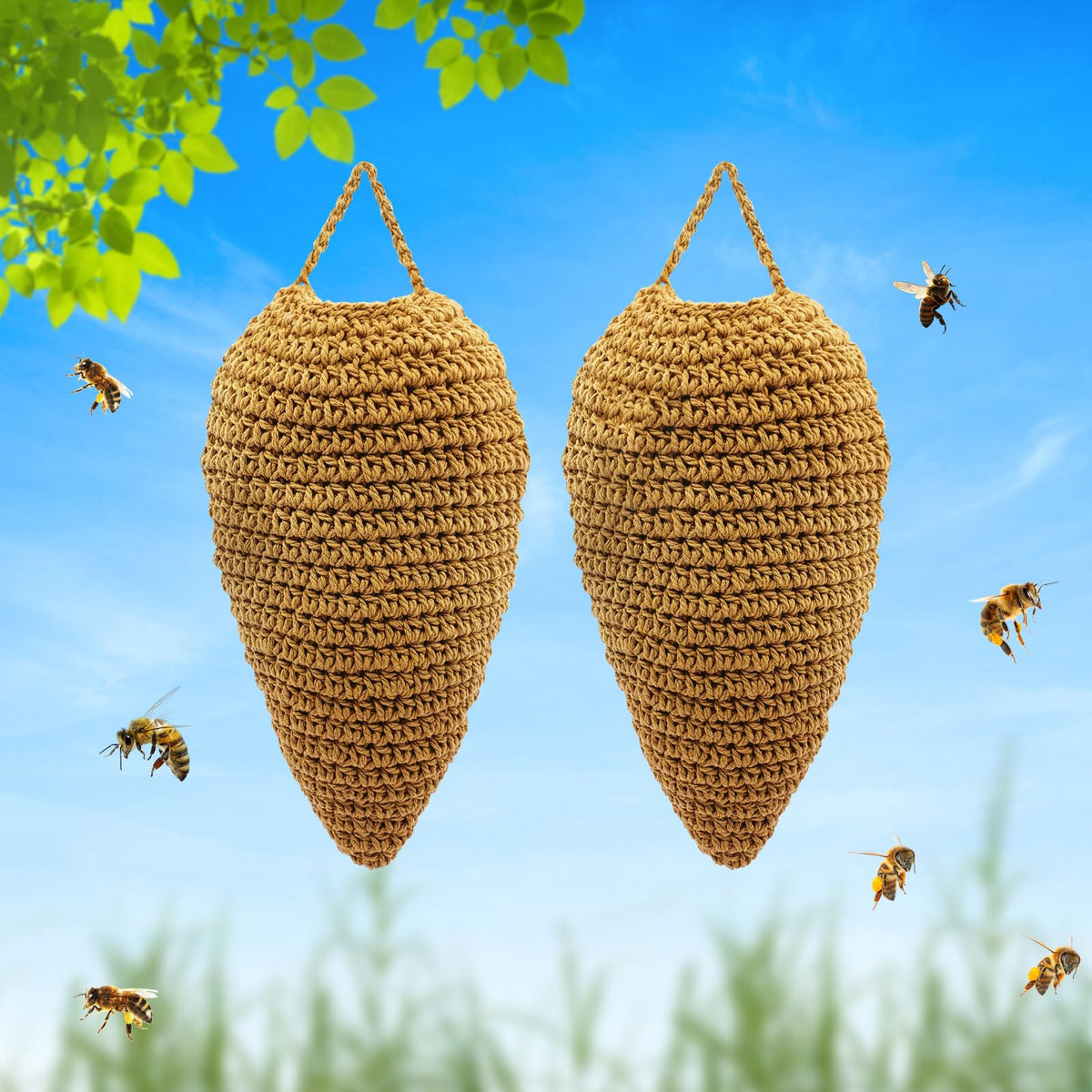 Vecacosic crochet wasp nest decoys hung on a porch deter wasps and adds rustic charm.