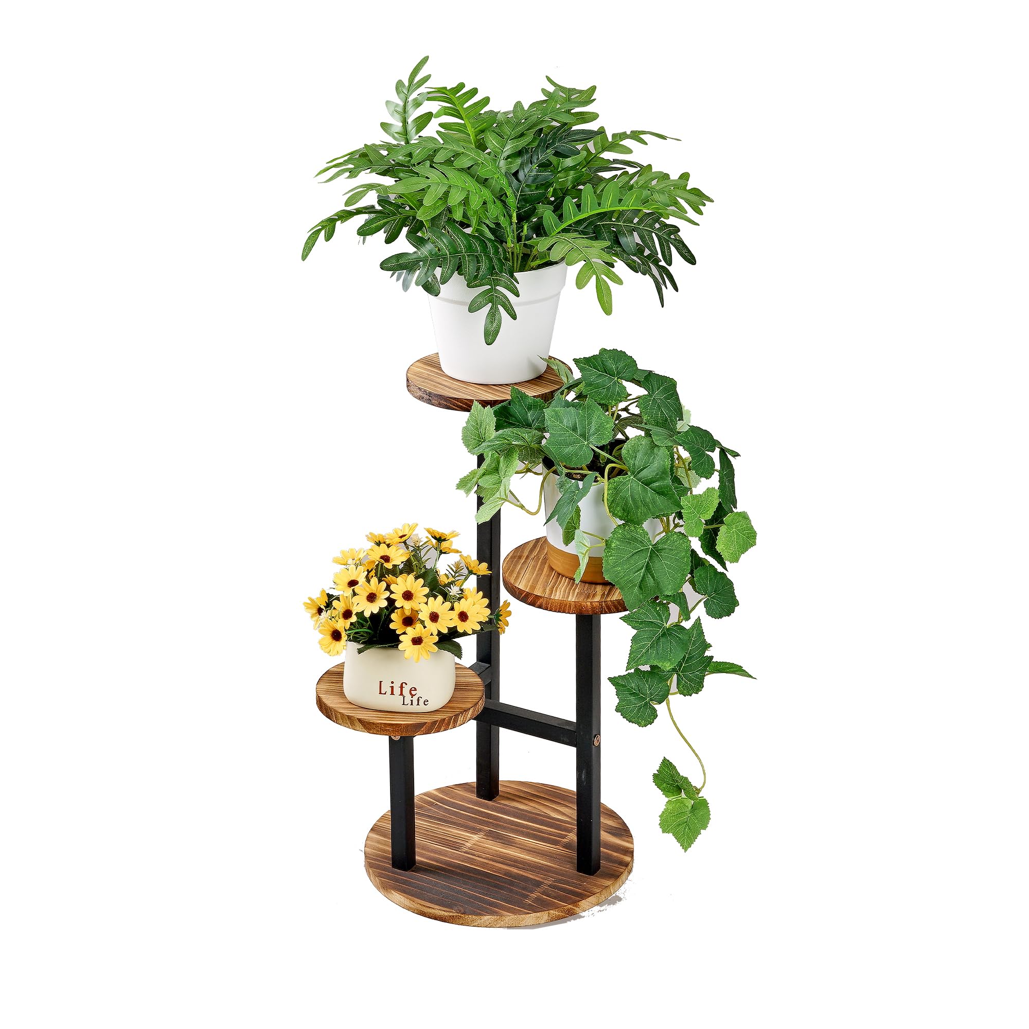 VECELO 3-Tier Plant Stand assembly view shows sturdy metal frame and wood shelves.