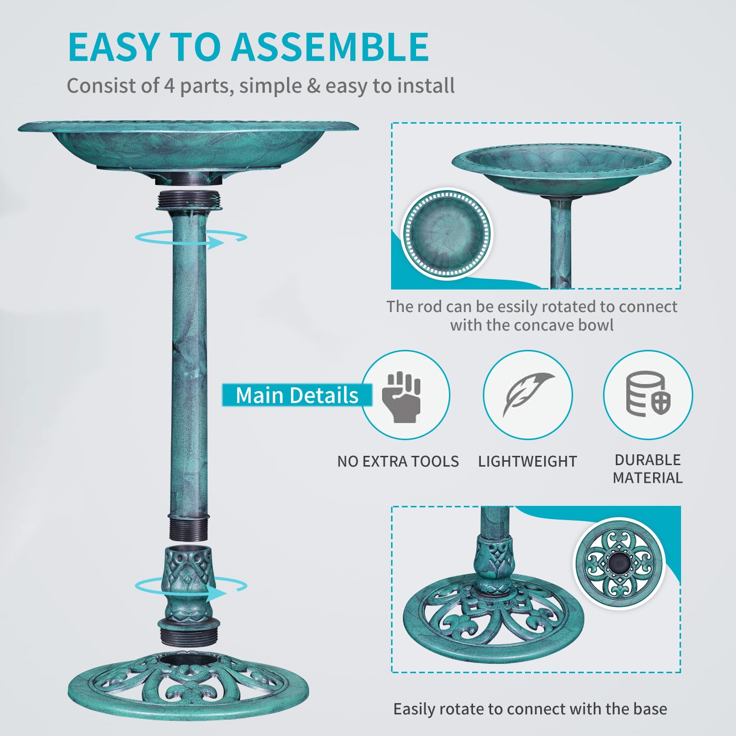 VECELO bird bath assembly easy setup in minutes.