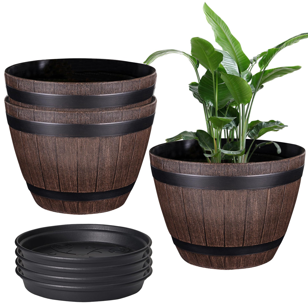 VECELO whiskey-barrel planter exterior closeup, durable outdoor decor that elevates patios.